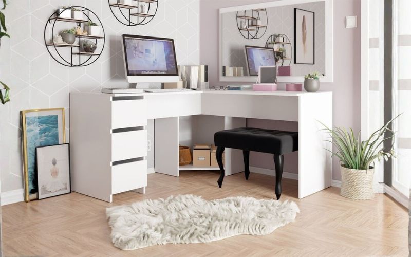 Bàn chữ L kết hợp làm việc và trang điểm 
