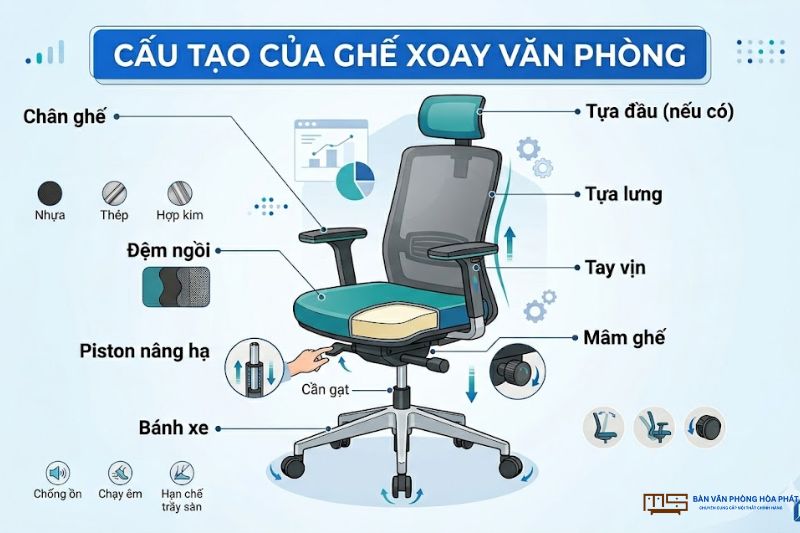 Cấu tạo cơ bản của ghế xoay ngồi làm việc văn phòng